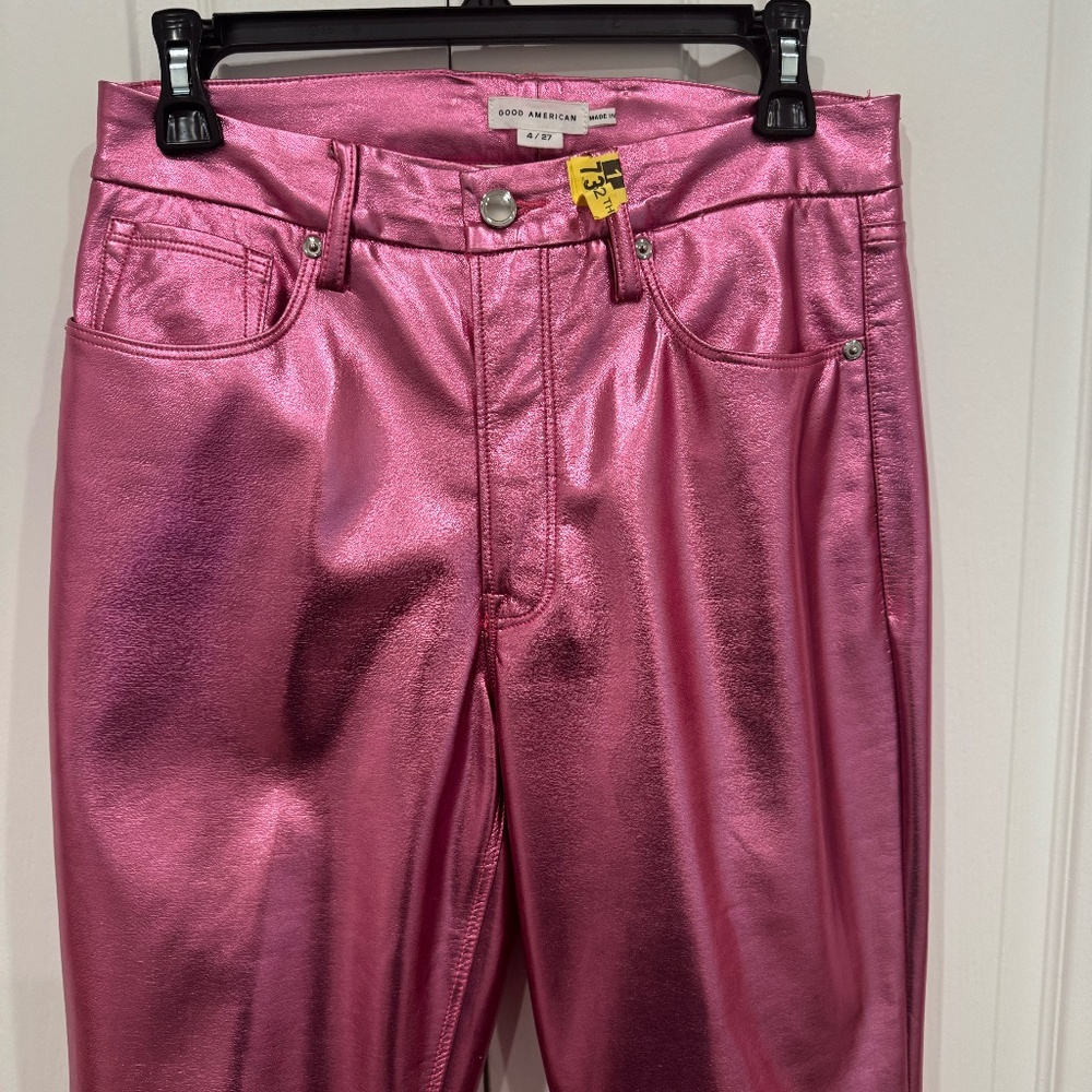 Good American Icon High Rise Straight Faux Leather Jeans in Powder Pink Metallic - Picture 3 of 4
